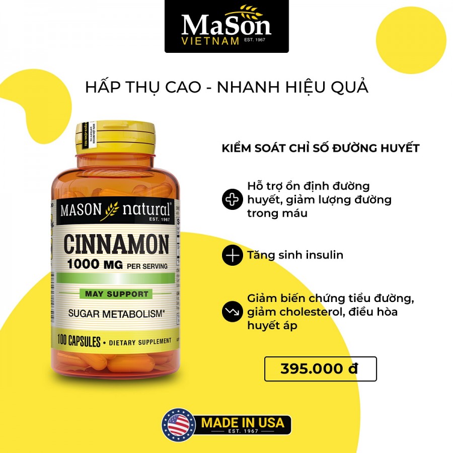 Mason Natural Cinnamon 1000mg - Kiểm soát chỉ số đường huyết