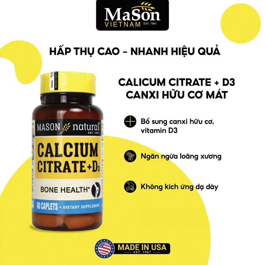 Mason Natural Calcium Citrate + D3 - Canxi hữu cơ mát