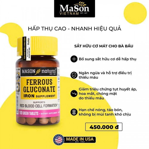 Mason Natural Ferrous Gluconate - Sắt hữu cơ mát cho bà bầu