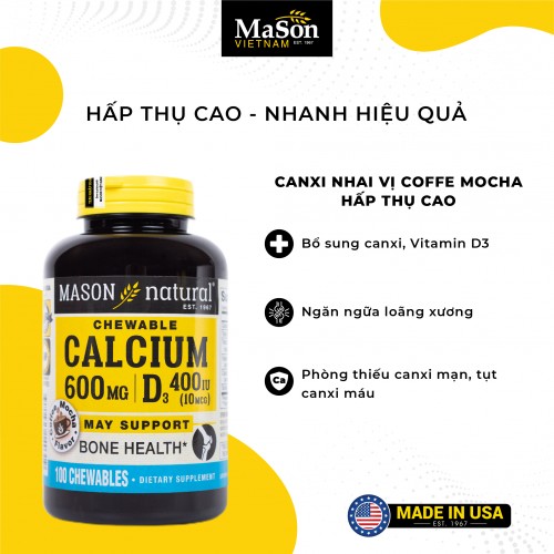 Mason Natural Calcium 600mg + D3 - Canxi nhai vị coffee mocha, hấp thụ cao