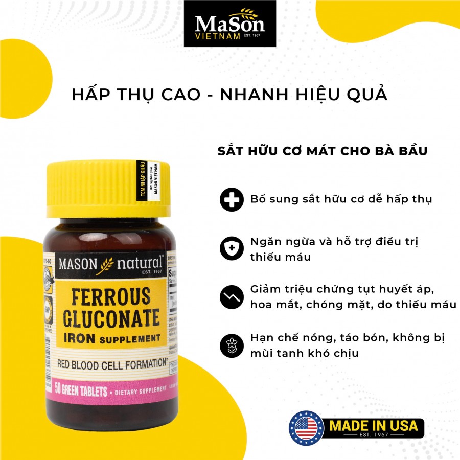 Mason Natural Ferrous Gluconate - Sắt hữu cơ mát cho bà bầu