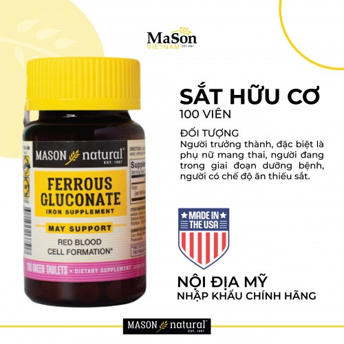 Mason Natural Ferrous Gluconate 100 viên – Sản phẩm bổ sung sắt hữu cơ