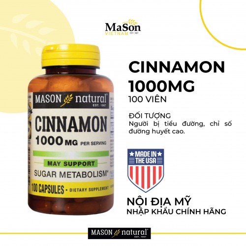 Mason Natural Cinnamon 1000mg - Hỗ trợ kiểm soát chỉ số đường huyết (Hộp 100 viên)
