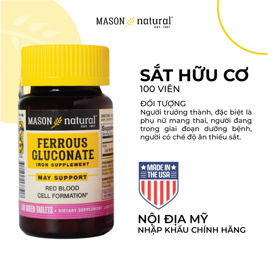 Mason Natural Ferrous Gluconate 100 viên – Sản phẩm bổ sung sắt hữu cơ