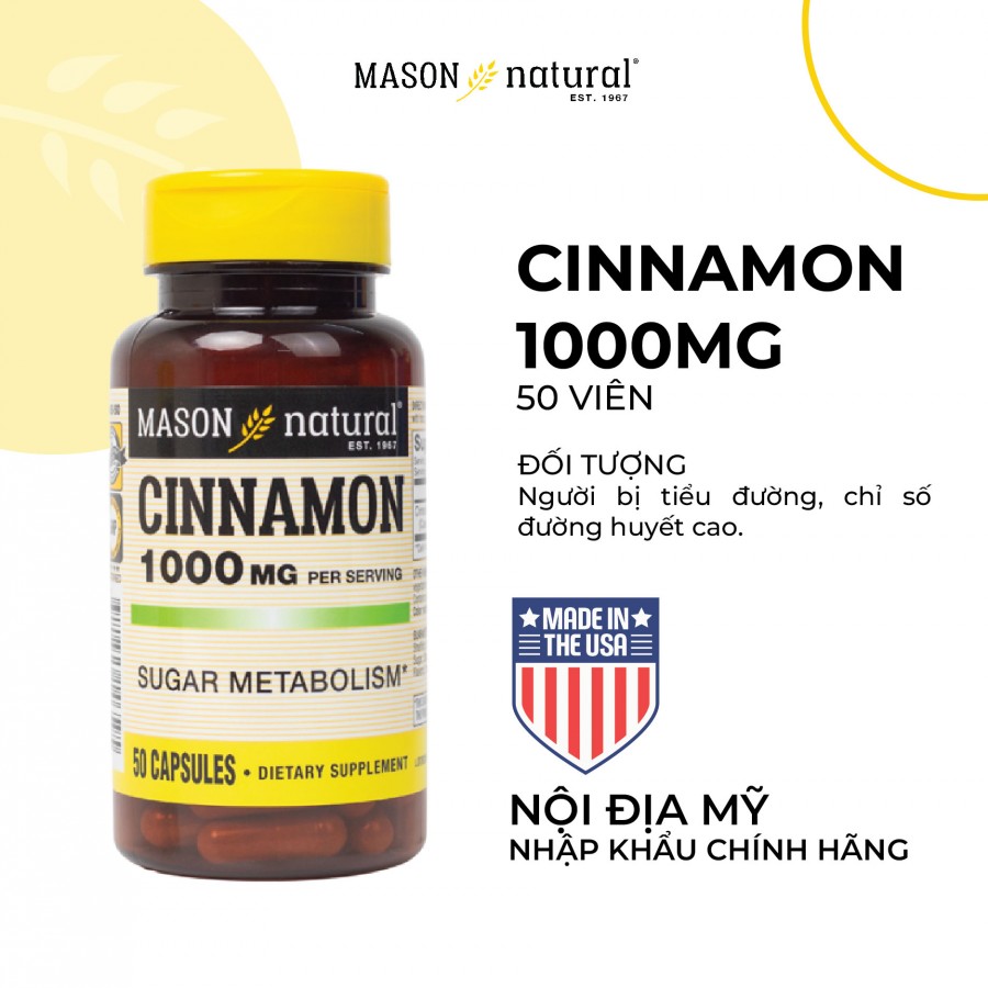 Mason Natural Cinnamon 1000mg - Hỗ trợ kiểm soát chỉ số đường huyết (50 viên)