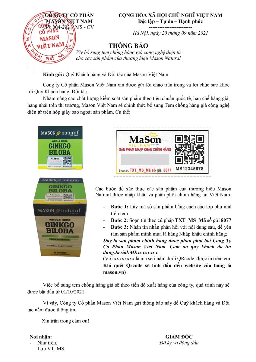 Thông báo: Bổ sung tem chống hàng giả công nghệ điện tử cho các sản phẩm của thương hiệu Mason Natural 